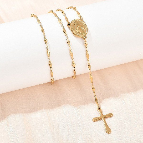 201 Stainless Steel Rosary Bead Necklaces, Virgin Cross Pendant Rice Link Chain Necklaces With 304 Stainless Steel Clasp, Ion Plating(Ip), Golden, 25.20 Inch(64Cm)-image