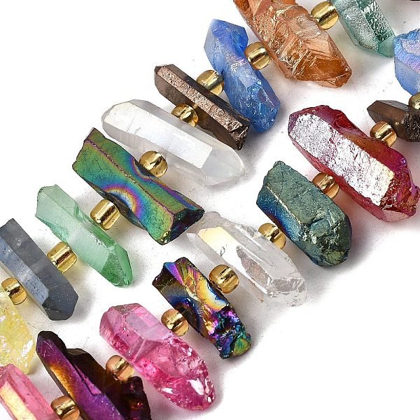 Electroplated Natural Quartz Crystal Beads Strands, Faceted, Nuggets Stick, with Seed Beads, Mixed Color, 11-25x3-9x4-10mm, Hole: 1-1.2mm, about 19-26pcs/strand, 7.09-7.48''(18-19cm)