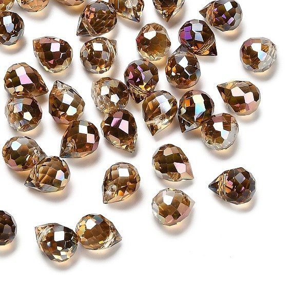 Breloques En Verre Transparent, Larme, Facette, De Couleur PlaquéE Ab , Verge D'or Noir, 10X7.5Mm, Trou: 1.2Mm-image
