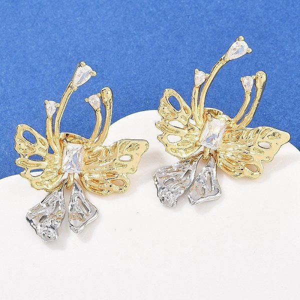 Boucles D'oreilles à Tige En Laiton Micro Pavé De Zircones Cubiques Transparentes, Platine Et D'or, 39.5X28Mm-image