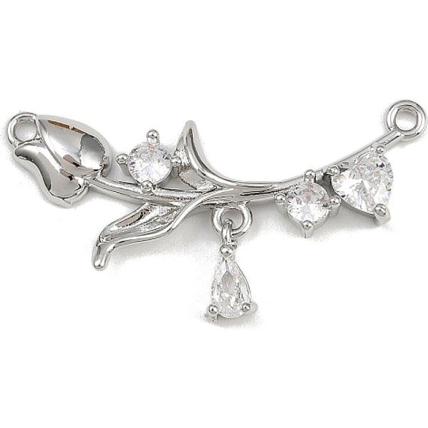 Brass Pave Clear Cubic Zirconia Links Connector Charms, Flower, Platinum, 31X21X4Mm, Hole: 1.2Mm & 1.3Mm-image