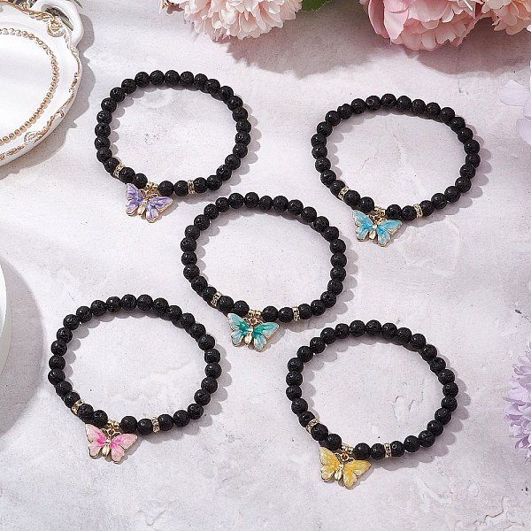 Bracciali Elastici Rotondi In Perle Di Lava Naturale Per Le Donne, Con Pendenti In Ecopelle A Farfalla, Colore Misto, Diametro Interno: 2-1/8-2-1/4 Pollice (52.5-5.7 Cm)-image