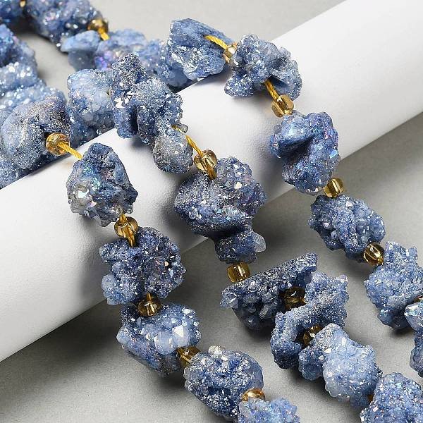 Galvaniques Druzy Naturelle Perles En Agate Brins, PéPites, Avec Des Perles De Rocaille, Bleu Acier, 10-16X12.5-15X11.5-13Mm, Trou: 0.8Mm, Environ 14 Pcs/Chapelet, 8.07-8.27'' (20.5-21 Cm)-image