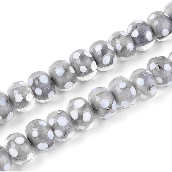 Handmade Lampwork Beads, Rondelle With Polka Dot, Dark Gray, 12-13.5X8.5-10Mm, Hole: 1.5-1.6Mm-image
