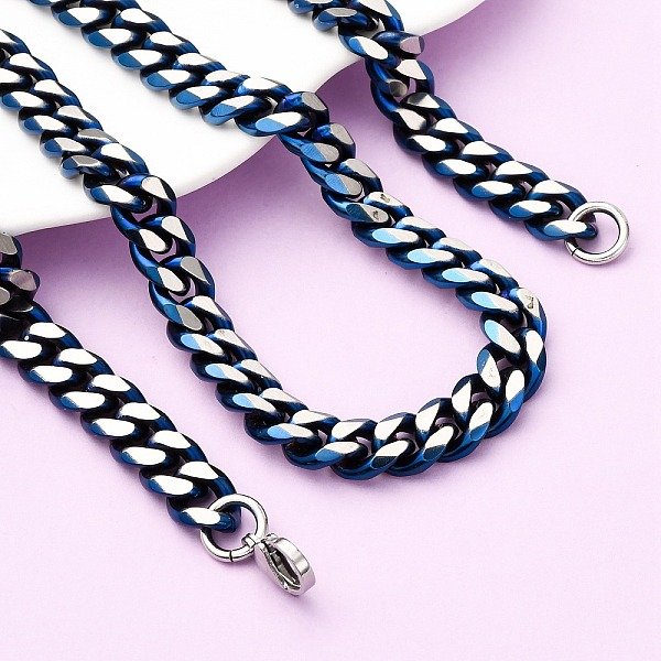 10MM 304 Stainless Steel Cuban Link Chain Necklaces, Blue & Stainless Steel Color, 24.02 Inch(61Cm)-image