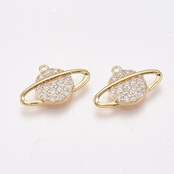 Brass Micro Pave Cubic Zirconia Pendants, Nickel Free, Real 18K Gold Plated, Planet, Universe Space Charms, Clear, 10X16X2.5Mm, Hole: 1Mm-image