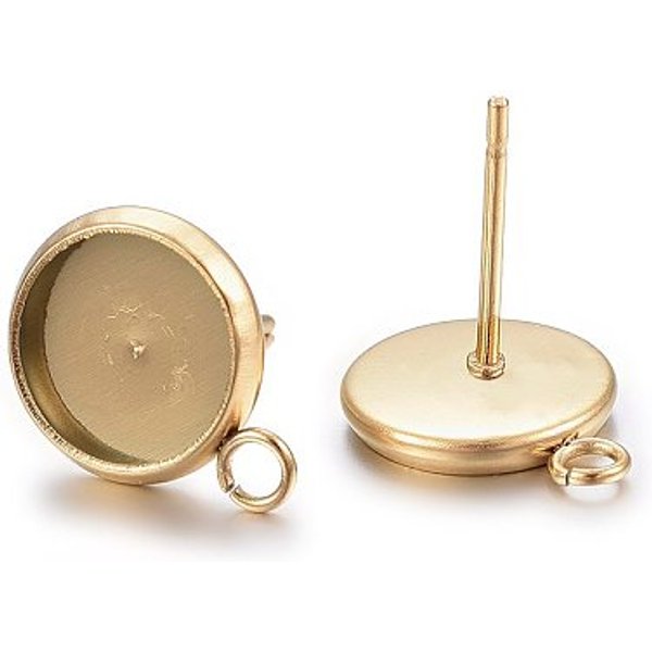 Ion Plating(Ip) 304 Stainless Steel Stud Earring Settings, With Loop, Flat Round, Golden, Tray: 12Mm, 16X14X2Mm, Hole: 1.8Mm, Pin: 0.8Mm-image