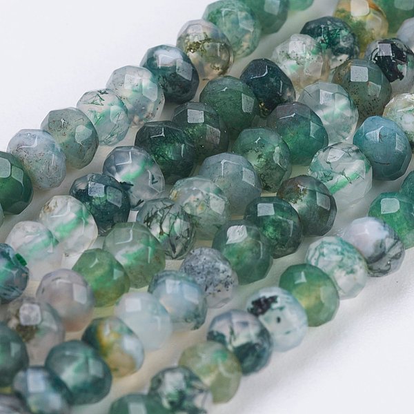 Natural Moss Agate Beads Strands, Faceted, Rondelle, 4-4.5x2-2.5mm, Hole: 1mm, about 150pcs/strand, 15.1 inch-15.3 inch(38.5-39cm)
