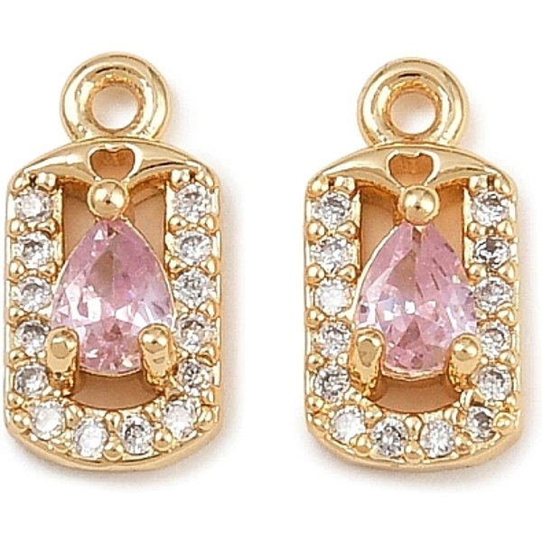 Brass Micro Pave Cubic Zirconia Pendants, Rectangle With Teardrop Charms, Real 18K Gold Plated, Pink, 11X5.5X3Mm, Hole: 1Mm-image