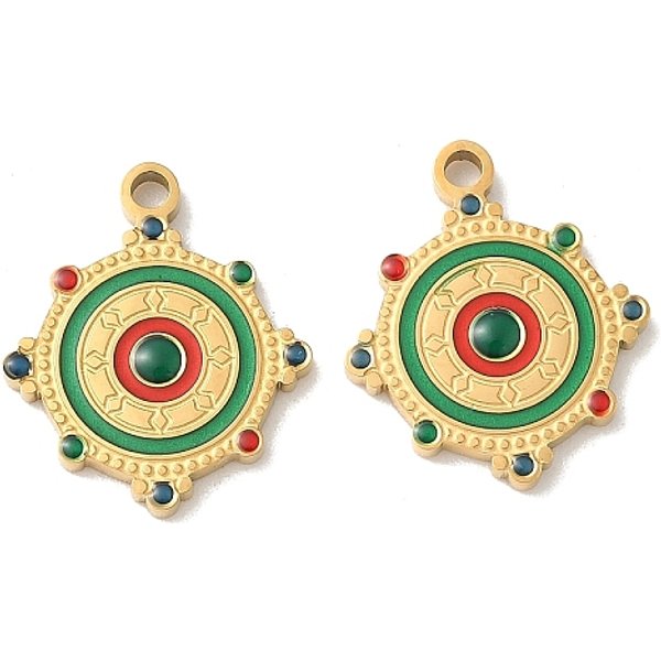 304 Edelstahl-Emaille-Anhänger, Runde, Ionenbeschichtung (ip), echtes 18k vergoldet, 17.5x15x2 mm, Bohrung: 1.7 mm
