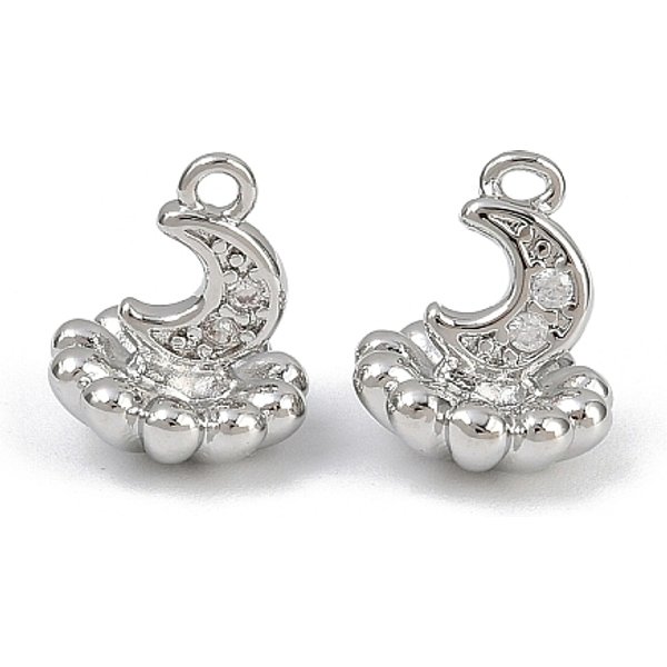 Brass Micro Pave Cubic Zirconia Pendants, Moon With Cloud Charms, Platinum, 12X10Mm, Hole: 1.1Mm-image