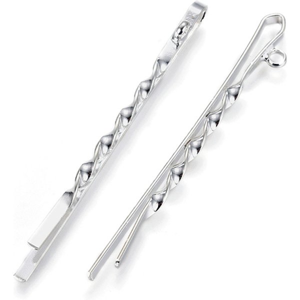 Iron Hair Bobby Pin Findings, with Loop, Silver Color Plated, 55.5x2x3-6mm, Hole: 2mm