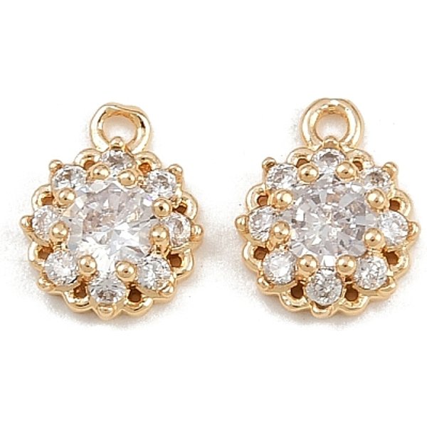 Brass Micro Pave Cubic Zirconia Pendants, Flat Round Charms, Real 18K Gold Plated, Clear, 9.5x7.5x3mm, Hole: 1.2mm
