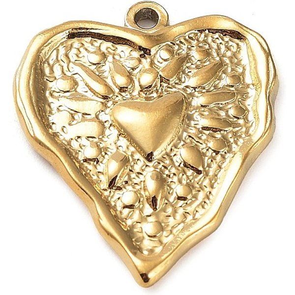Ion Plating(Ip) 304 Stainless Steel Pendants, Textured, Heart Charm, Real 18K Gold Plated, 25.5X21X3Mm, Hole: 1.6Mm-image