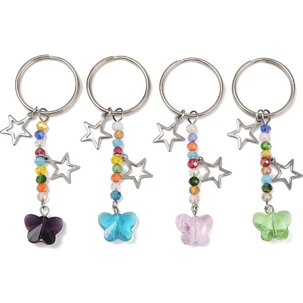 4 X SchlüSselanhäNger Mit Schmetterlings-AnhäNger Aus Glas., Mit 304 Edelstahl-SternanhäNgern Und Eisen-SchlüSselringen, Mischfarbe, 77.5 Mm-image