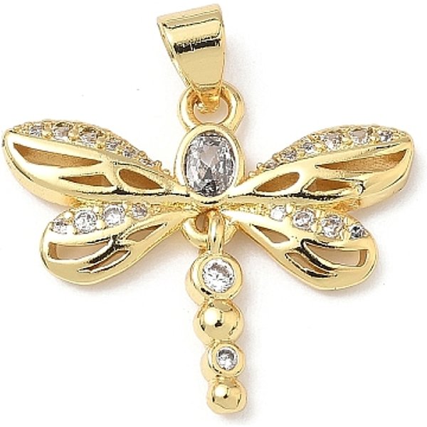 Colgante micropavé cubic zirconia de latón, sin plomo y cadmio, Plateado de larga duración, real 18k chapado en oro, libélula, 19.5x22.5x2.5mm, agujero: 4.5x3 mm