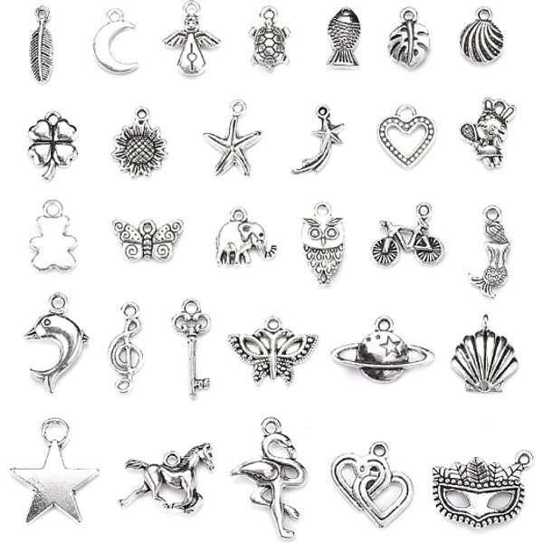 30Pcs 30 Styles Tibetan Style Alloy Pendants, Mixed Shapes, Antique Silver, 21X14X4Mm, Hole: 2Mm-image