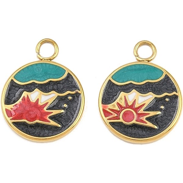 304 Stainless Steel With Enamel Pendants, Ion Plating(Ip), Flat Round & Sun, Black, 18.5X14.5X2.5Mm, Hole: 2.5Mm-image