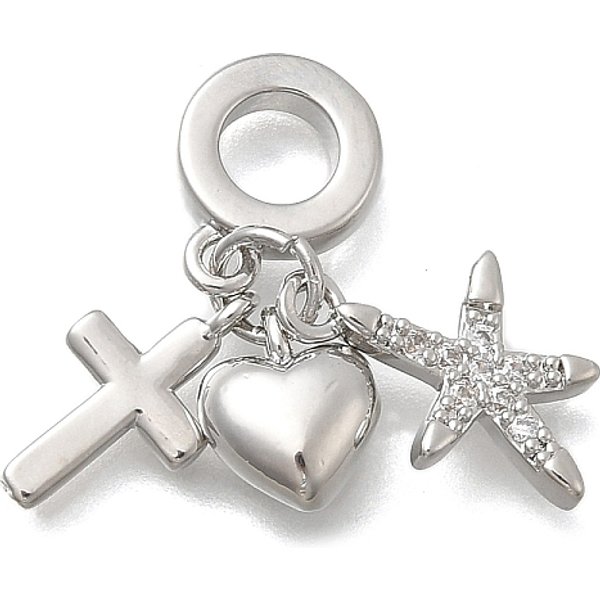 Breloques EuropéEnnes En Laiton Micro Pavé Clair Zircone Cubique, Pendentifs à Gros Trous En Forme De CœUr Et De Croix, Sans Cadmium Et Sans Plomb, Plaqué Longue DuréE, CréMaillèRe Plaquage, Platine, éToiles Du Nord, 27Mm, Trou: 5Mm-image