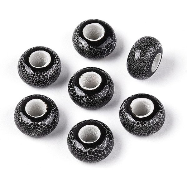 Handmade Porcelain Beads, Fancy Antique Glazed Porcelain, Large Hole Beads, Rondelle, Gray, 15x8mm, Hole: 6mm