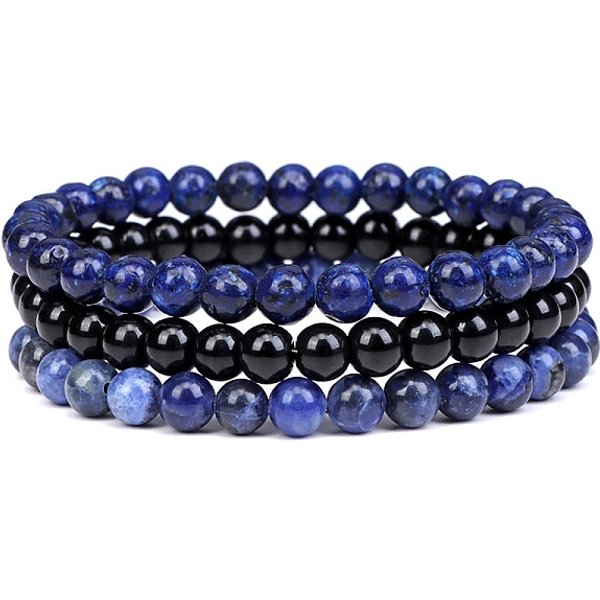 3Pcs 3 Style Natural Lapis Lazuli & Black Agate Round Beaded Stretch Bracelets Set, Gemstone Stackable Bracelets for Woman, Wide: 6mm, 7-1/4-7-1/2 inch(18.5-19cm), 1Pc/style
