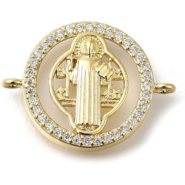 Dijes De Conector De San Benito Con Pavé De LatóN Y Circonita CúBica Transparente, Sin Plomo Y Cadmio, Enlaces Redondos Planos De ReligióN, Real 16K Chapado En Oro, 16X21X4Mm, Agujero: 1.2 Mm-image