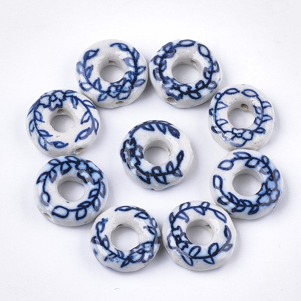 Handmade Porcelain Bead Frame Beads, Blue And White Porcelain, Donut With Leaf, Marine Blue, 19X6.5Mm, Hole: 1.6Mm-image