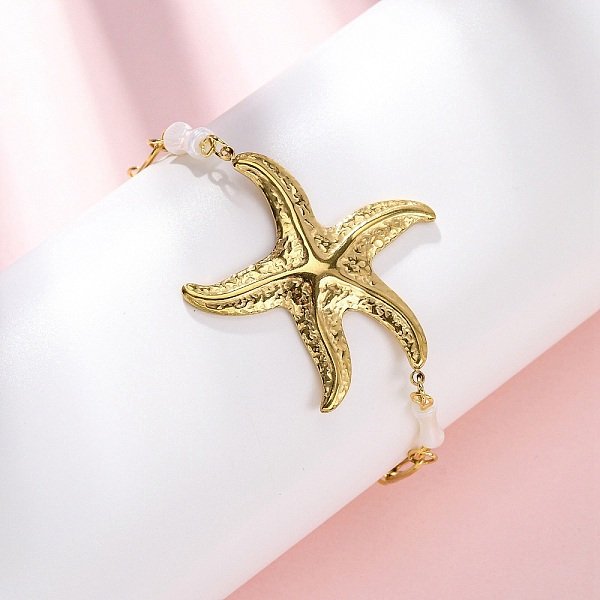 Seestern-GliederarmbäNder Aus 304 Edelstahl, Mit WeißEn Schale, Ionenbeschichtung (Ip), Echtes 18K Vergoldet, 6-3/4 Zoll (17.3 Cm)-image