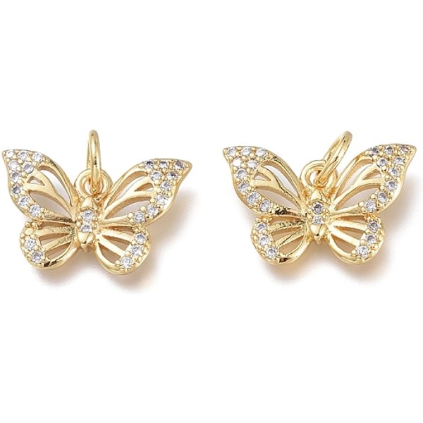 Brass Micro Pave Clear Cubic Zirconia Charms, With Jump Rings, Long-Lasting Plated, Butterfly, Real 18K Gold Plated, 14-15X9.5X2Mm, Jump Ring: 5X1Mm, Hole: 3.5Mm-image