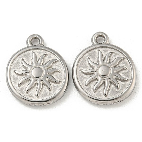 Non-Tarnish 304 Stainless Steel Pendants, Flat Round with Sun Charm, Stainless Steel Color, 15.5x13x2.5mm, Hole: 1.2mm