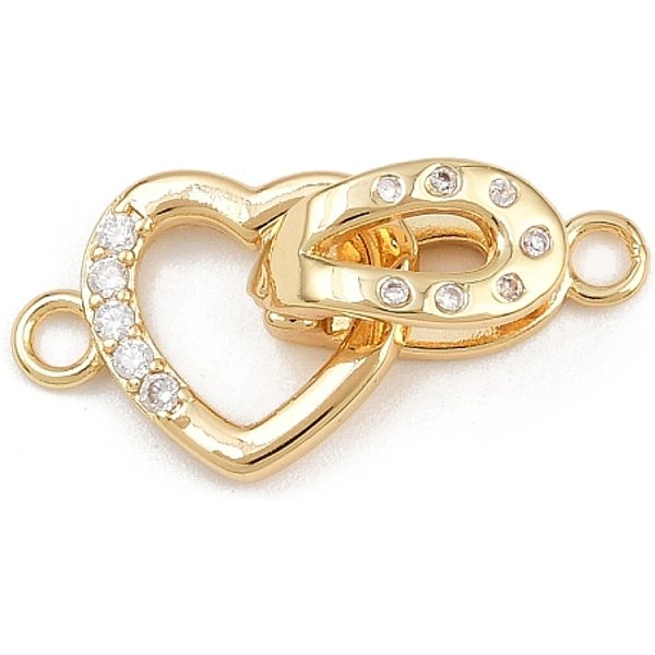 Brass Micro Pave Clear Cubic Zirconia Interlocking Clasps, Heart, Real 18K Gold Plated, 14.5X6X5.5Mm, Hole: 2Mm-image