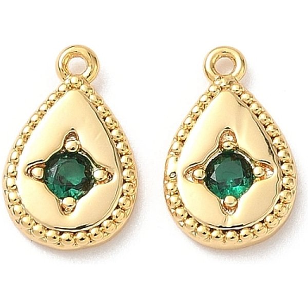 Brass Micro Pave Cubic Zirconia Charms, Teardrop Charm, Real 18K Gold Plated, Nickel Free, Green, 13X8.5X2Mm, Hole: 1Mm-image