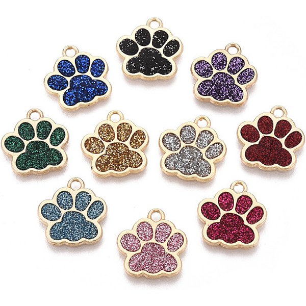 Alloy Enamel Pendants, with Glitter Powder, Rack Plating, Cat Paw Print Charm, Light Gold, Mixed Color, 17.2x16.5x1.2mm, Hole: 2mm