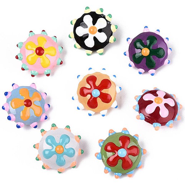Handmade Lampwork Beads, Bumpy Flat Round With Flower, Mixed Color, 18.5-20X10-11Mm, Hole: 1Mm-image