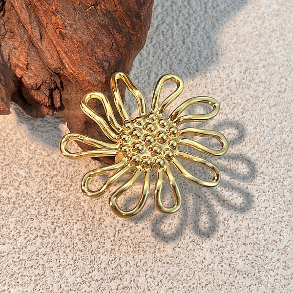304 Stainless Steel Cuff Rings For Women, Flower, Ion Plating(Ip), Real 18K Gold Plated, Inner Diameter: Adjustable, 44X45.5Mm-image