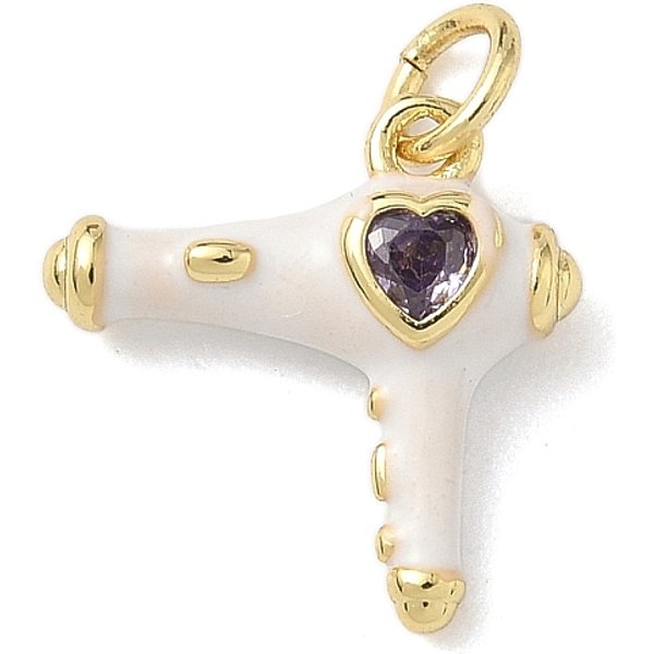 Brass Micro Pave Cubic Zirconia Charms, Hair Dryer Charms, with Enamel, Rack Plating, Cadmium Free & Lead Free, Long-Lasting Plated, Real 18K Gold Plated, White, 14.5x14.5x4.5mm, Hole: 3.5mm