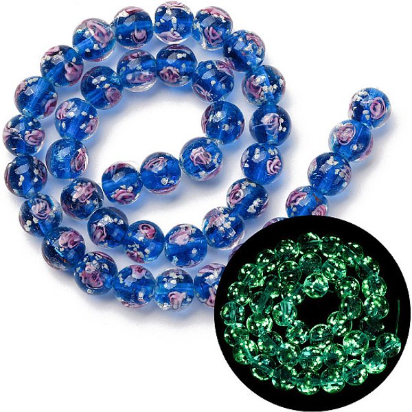 Luminous Handmade Glod Sand Lampwork Beads Strands, Round with Rose, Glow in the Dark, Cornflower Blue, 9-11mm, Hole: 1.2-1.5mm, about 40-41pcs/strand, 14.80''-15.31''(37.6-38.9cm)