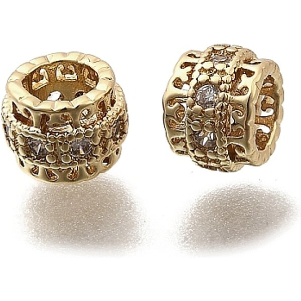 Brass Micro Pave Cubic Zirconia Beads, Rondelle, Real 18K Gold Plated, 6X4.5Mm, Hole: 3.5Mm-image