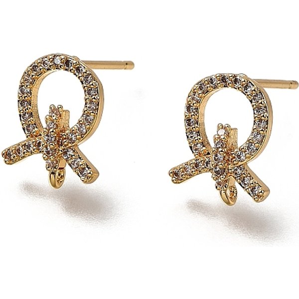 Accesorios Para Pendientes De BotóN Con Circonita CúBica Micropavé De LatóN, Plateado De Larga DuracióN, Sin NíQuel, Con Bucle, Real 18K Chapado En Oro, Claro, 12X9.5Mm, Agujero: 1 Mm, Pin: 0.9X12 Mm-image