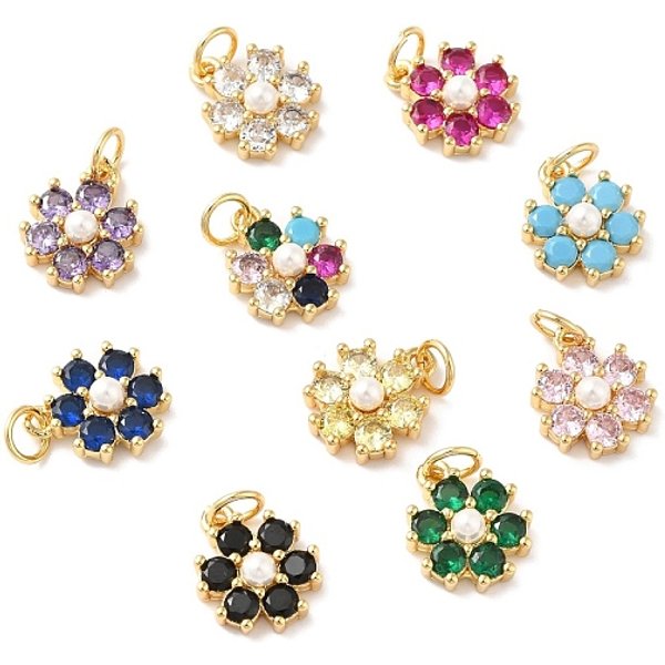 Rack Plating Brass Micro Pave Cubic Zirconia Charms, with Pearl, Cadmium Free & Lead Free, Real 18K Gold Plated, Flower, Mixed Color, 12.5x10.5x4mm, Hole: 3.6mm