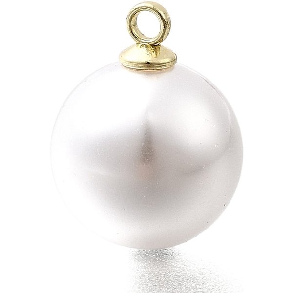 ABS Plastic Pearl Pendants, Round, with Light Gold Alloy Loop, White, 18x13.5mm, Hole: 1.8mm
