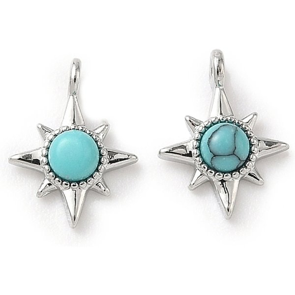 Synthetic Turquoise Star Charms, with Brass Settings, Real Platinum Plated, 10x8x3mm, Hole: 1mm