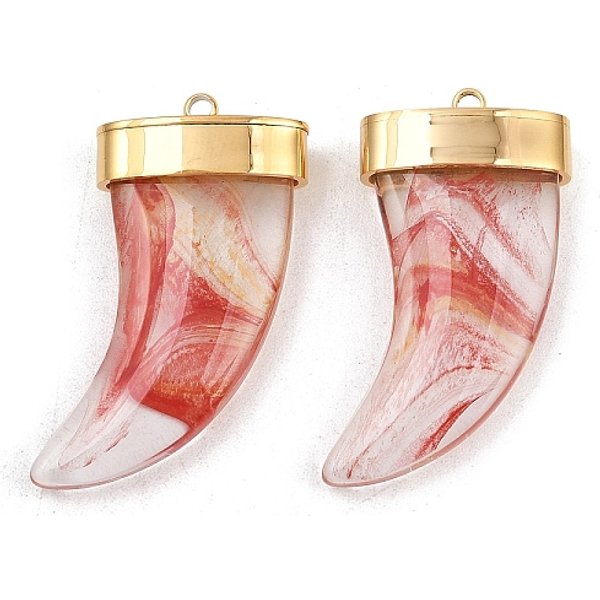 304 Stainless Steel Pendants, Horn, With Glass, Pvd Vacuum Plating, Real 18K Gold Plated, Red, 34.5X22.5X8Mm, Hole: 1.8Mm-image