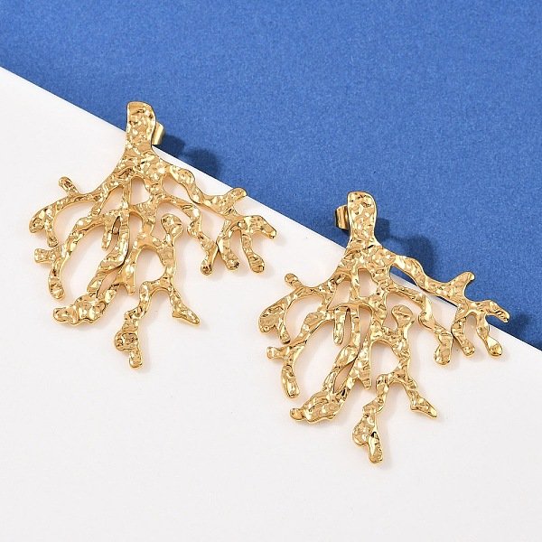 Boucles D'oreilles à Tige En Acier Inoxydable 304 Avec Corail, Placage Ionique (Ip), VéRitable 18K Plaqué Or, 45X40Mm-image