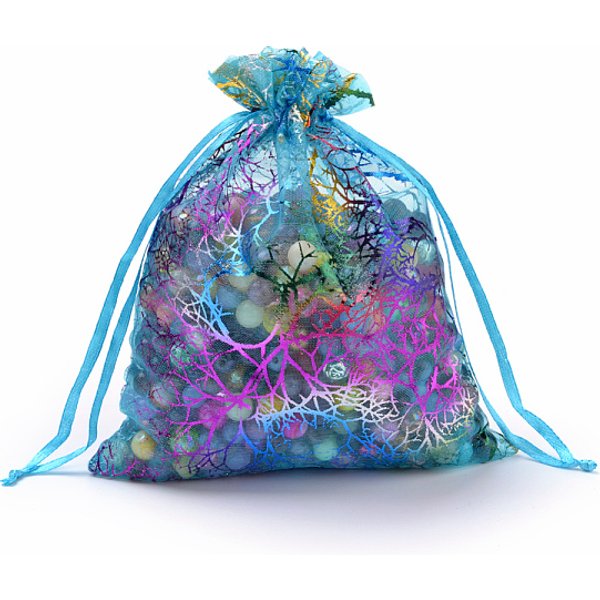 Pochette Organza Pour Cadeaux, Sacs à Cordonnet, Pochettes En Organza Pour Pot-Pourri, Avec Motif Corail Coloré, Rectangle, Turquoise Foncé, 18X13 Cm-image