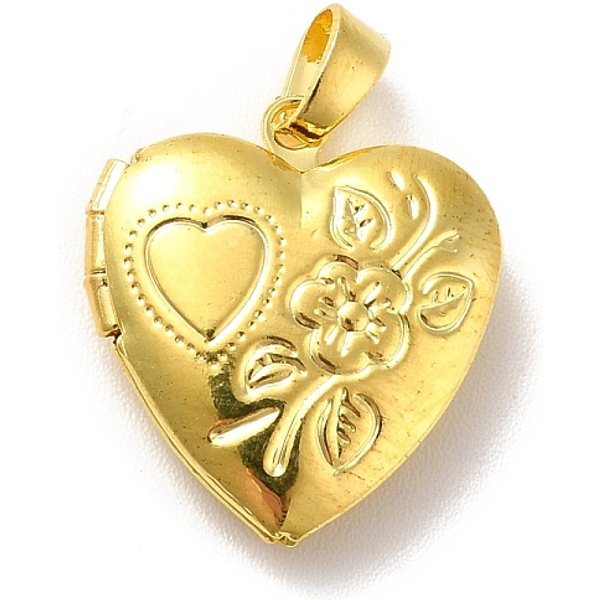 Rack Plating Brass Locket Pendants, Heart with Flower, Golden, 17x15x4.5mm, Hole: 4x2mm, Inner Diameter: 9x7.5mm