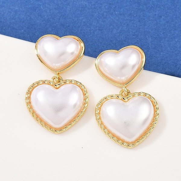 Boucles D'oreilles Pendantes En Forme De CœUr En Laiton, Plastique Abs Et Perles, Plaqué Longue DuréE, CréMaillèRe Plaquage, VéRitable 18K Plaqué Or, 30.5X19Mm-image