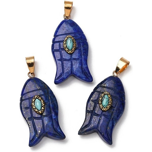 Colgantes tallados de lapislázuli natural y turquesa sintética, Dijes de peces con asas de latón, dorado, teñido, 35x17.5x7.5-8mm, agujero: 4.3x6.5 mm