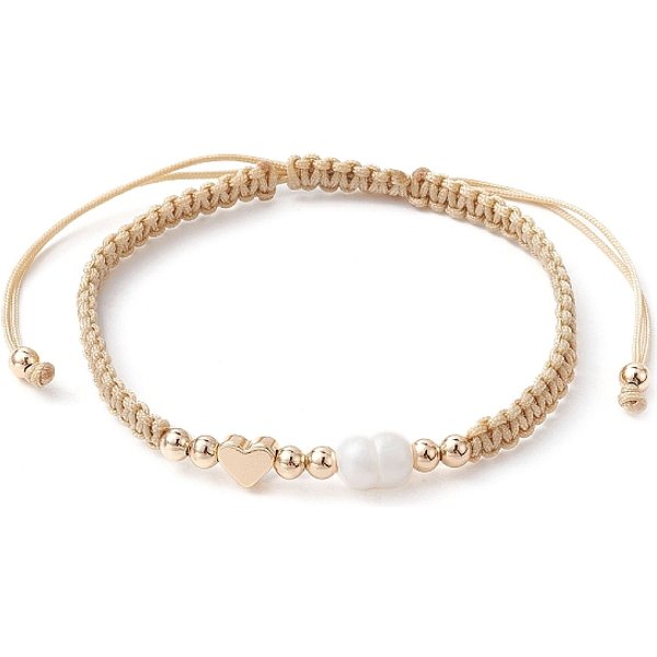 Brass & Natural Pearl Braided Bead Bracelets, Adjustable Bracelet, Heart, Inner Diameter: 1-3/4-3-1/2 Inch(4.6-8.8Cm)-image