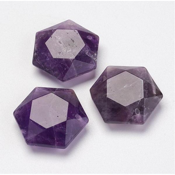 Natürlichen Amethyst Edelsteinanhänger, Hexagon, 28-29x25x9-10 mm, Bohrung: 1.5 mm